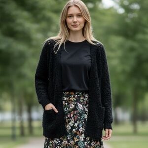 ANGL Soft Black Crochet M/L Sweater Cardigan New